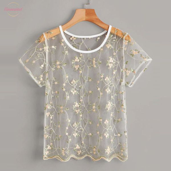 sell women flower embroidery lace mesh shirts see through transparent o neck short sleeve blouse femme tank, White