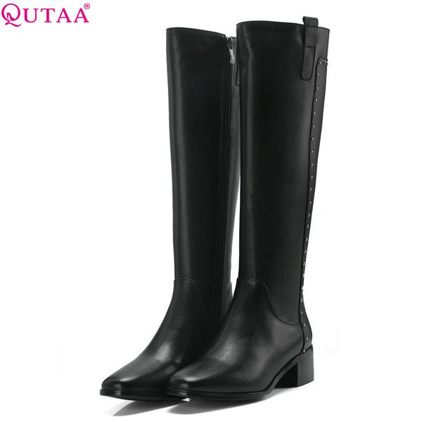 qutaa 2019 women knee high boots sheep skin +pu all match square heel winter boots women shoes big size 34-40, Black