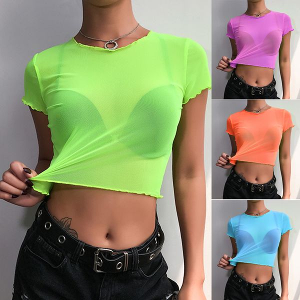 fashion women fluorescent o-neck slim solid color wild high waist short sleeve mesh perspective short navel ropa mujer, White
fashion women fluorescent o-neck slim solid color wild high waist short sleeve mesh perspective short navel ropa mujer, White
