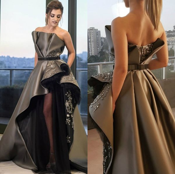 2020 high side split prom dresses strapless satin ruffles a line beads evening dress custom made arabic formal robes de soirée, Black
2020 high side split prom dresses strapless satin ruffles a line beads evening dress custom made arabic formal robes de soirée, Black