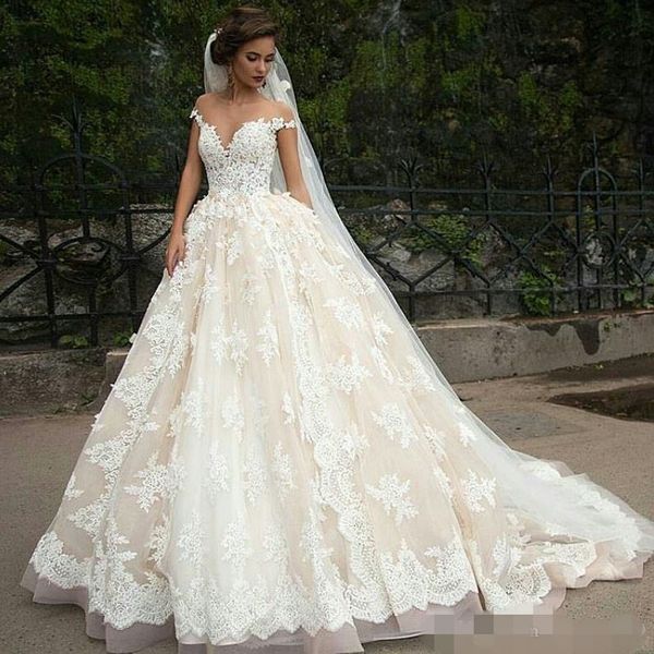 sheer neck ball gown wedding dresses luxury lace applique capped sleeves covered buttons back custom made bridal gown plus size, White
sheer neck ball gown wedding dresses luxury lace applique capped sleeves covered buttons back custom made bridal gown plus size, White