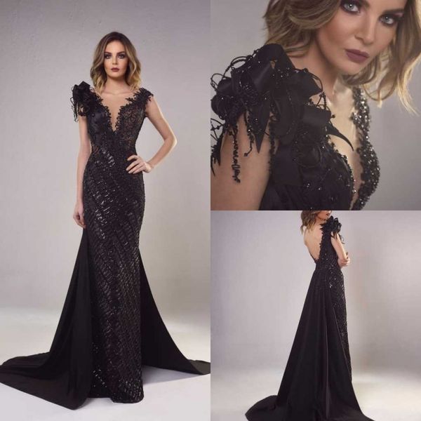 tony chaaya 2020 prom dresses luxurious lace appliques beads satin evening gowns custom made sweep train mermaid formal party dress, Black
tony chaaya 2020 prom dresses luxurious lace appliques beads satin evening gowns custom made sweep train mermaid formal party dress, Black