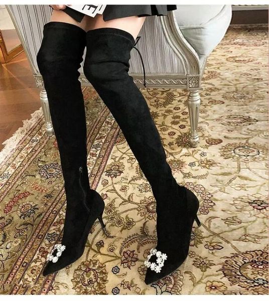 women stretch thigh high boots fashion suede leather high heels butterfly knot crystal over the knee boots women, Black
women stretch thigh high boots fashion suede leather high heels butterfly knot crystal over the knee boots women, Black