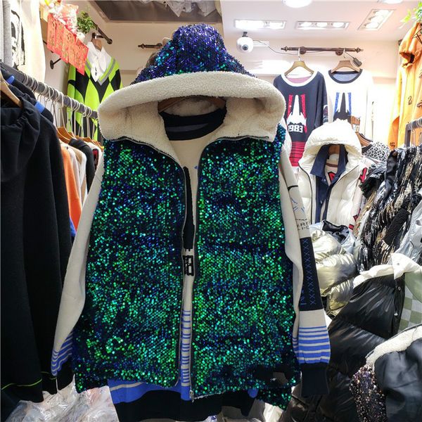hooded full sequin vest women 2019 autumn winter new black drawstring waistcoat students sleeveless cotton-padded jacket coat, Black;white
hooded full sequin vest women 2019 autumn winter new black drawstring waistcoat students sleeveless cotton-padded jacket coat, Black;white