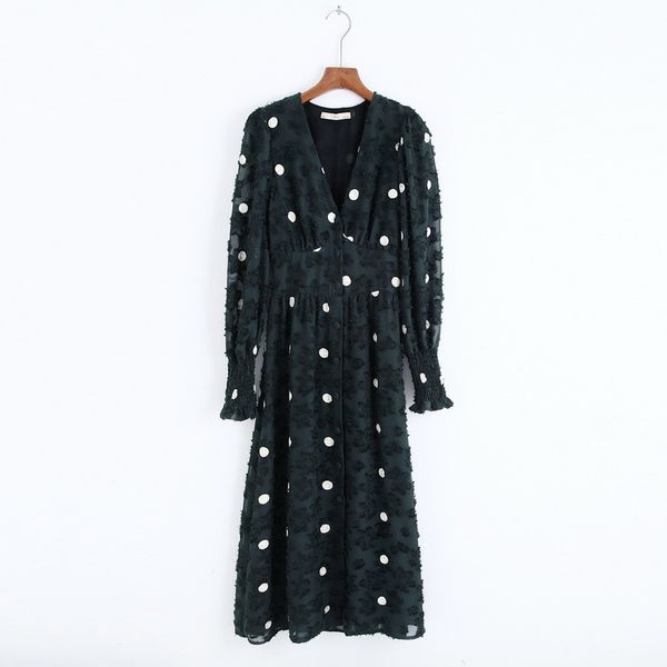 

stylish women dress autumn 2019 new fashion blackish green jacquard embroidery white dot modern lady shine through dresses, Black;gray