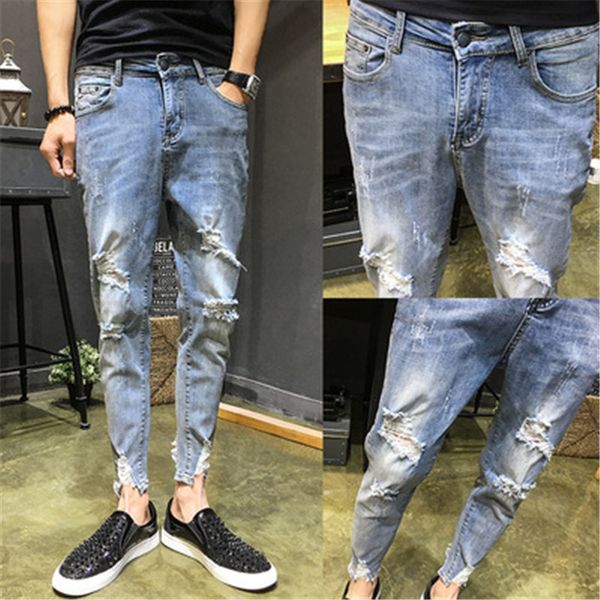 nine pants 2109 spring and summer shop owner wind casual feet pants male korean version of the hole jeans, Blue
nine pants 2109 spring and summer shop owner wind casual feet pants male korean version of the hole jeans, Blue