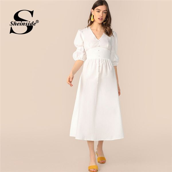 sheinside white bishop sleeve button front fit and flare dress women 2019 summer elegant v neck dresses ladies solid long dress, Black;gray
sheinside white bishop sleeve button front fit and flare dress women 2019 summer elegant v neck dresses ladies solid long dress, Black;gray
