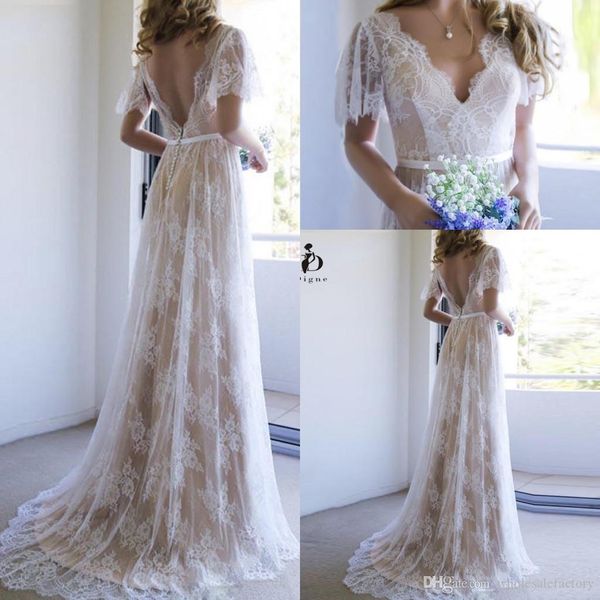 plus size champagne beach boho wedding dresses short sleeves v neck lace applique backless wedding dress bridal gowns robe de mariée, White 
plus size champagne beach boho wedding dresses short sleeves v neck lace applique backless wedding dress bridal gowns robe de mariée, White