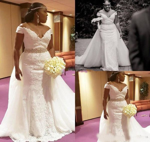 2020 off the shoulder mermaid wedding dresses with detachable train beaded sash appliques lace wedding gowns african plus size bridal gowns, White
2020 off the shoulder mermaid wedding dresses with detachable train beaded sash appliques lace wedding gowns african plus size bridal gowns, White