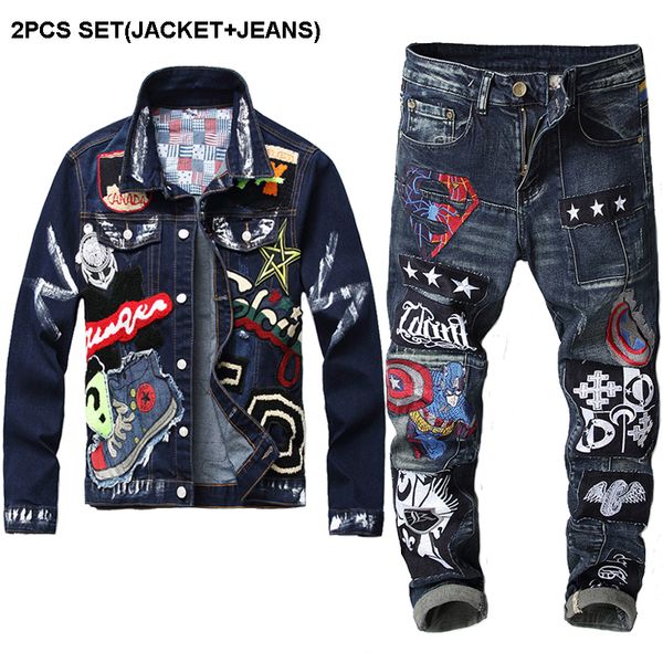 dark blue tracksuit spring autumn embroidered badge men's 2pcs pant sets fashion slim fit denim jacket and stretch jeans, Gray
dark blue tracksuit spring autumn embroidered badge men's 2pcs pant sets fashion slim fit denim jacket and stretch jeans, Gray