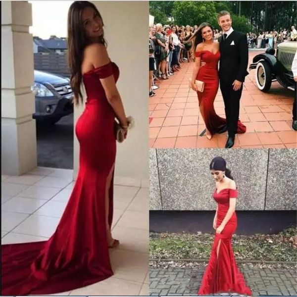 off shoulders sweep train satin mermaid prom dresses custom made split evening dresses vestidos party gowns, Black;red
off shoulders sweep train satin mermaid prom dresses custom made split evening dresses vestidos party gowns, Black;red