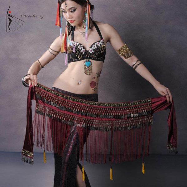 belly dance belt tribe belt tassel with copper scarf belly dancing tribe hip scarfs dance accessory copper, Black;red