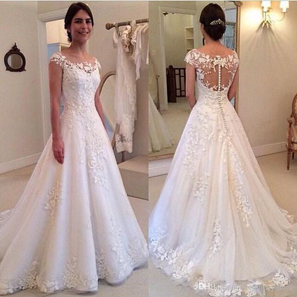 latest elegant scoop neck tulle a-line wedding dresses lace appliques button back sweep train simple white tulle bridal wedding gowns
latest elegant scoop neck tulle a-line wedding dresses lace appliques button back sweep train simple white tulle bridal wedding gowns