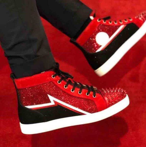 super new style men's sneakers red bottom studs shoes,luxurious brand red sole milkylou sneaker leather strass spikes men's high, Black
super new style men's sneakers red bottom studs shoes,luxurious brand red sole milkylou sneaker leather strass spikes men's high, Black