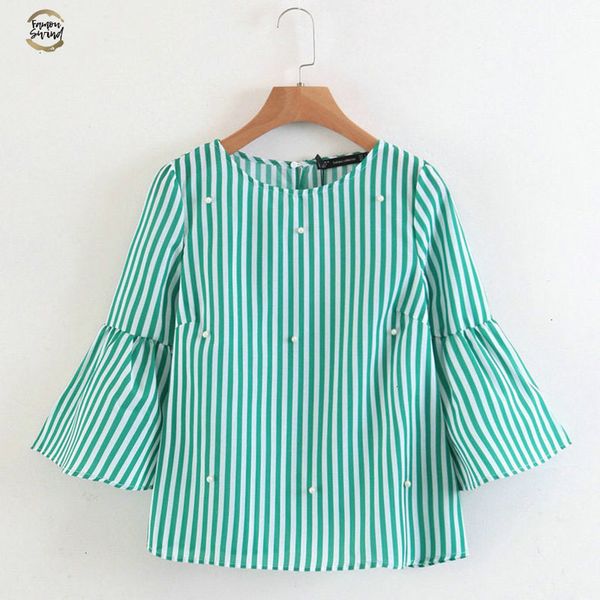 elegant women pearls beading striped shirt flare sleeve o neck blouse ladies summer brand casual blusas, White
elegant women pearls beading striped shirt flare sleeve o neck blouse ladies summer brand casual blusas, White