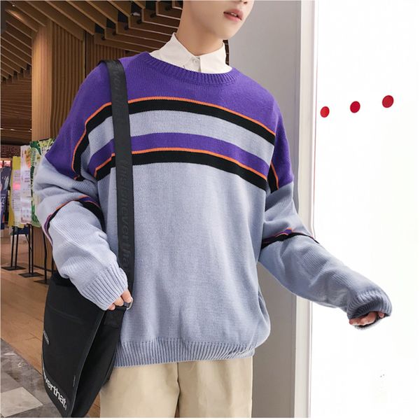 men's sweater 2019 autumn and winter new striped loose warm round neck sweater youth personality fashion trend men's clothing, White;black
men's sweater 2019 autumn and winter new striped loose warm round neck sweater youth personality fashion trend men's clothing, White;black