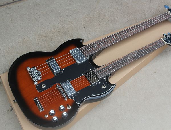 Double necked 4 + 6 string electric guitar with Jacaranda arm, chrome hardware, high quality to provide personalized customization service
Double necked 4 + 6 string electric guitar with Jacaranda arm, chrome hardware, high quality to provide personalized customization service