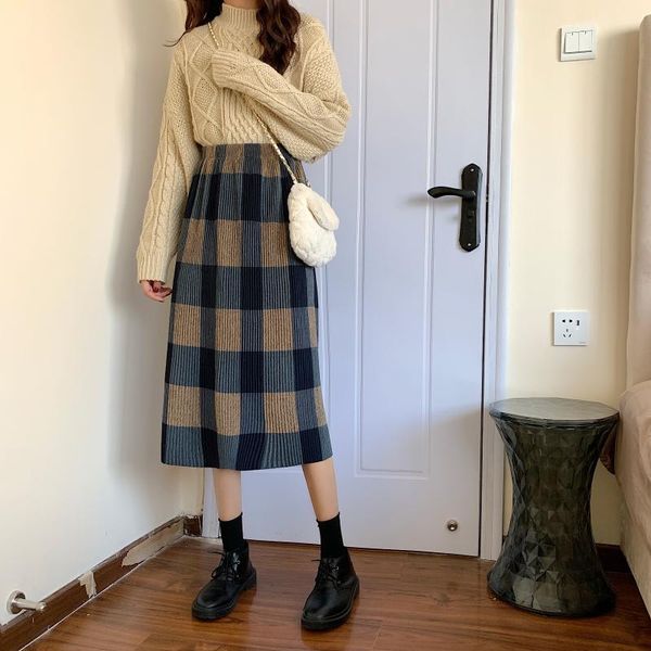 high waist slim elegant midi long vintage knit plaid korean skirt fashion ladies women winter spring autumn lolita casual, Black
high waist slim elegant midi long vintage knit plaid korean skirt fashion ladies women winter spring autumn lolita casual, Black