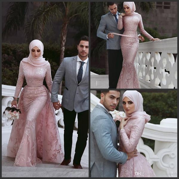 2019 pink lace mermaid muslim long sleeve wedding dresses bridal gowns detachable skirt train wedding gowns south africa vestido de novia, White
2019 pink lace mermaid muslim long sleeve wedding dresses bridal gowns detachable skirt train wedding gowns south africa vestido de novia, White