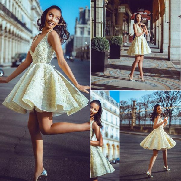 2019 yellow short cocktail party dresses v neck a line lace appliqued evening gowns custom made prom dress, Black
2019 yellow short cocktail party dresses v neck a line lace appliqued evening gowns custom made prom dress, Black