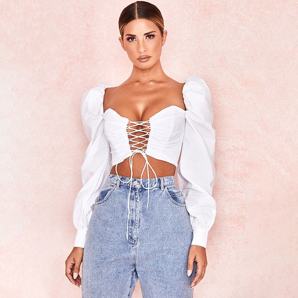 European and American solid color wrapped chest lace puff sleeves exposed navel U-neck halter ladies, White
European and American solid color wrapped chest lace puff sleeves exposed navel U-neck halter ladies, White