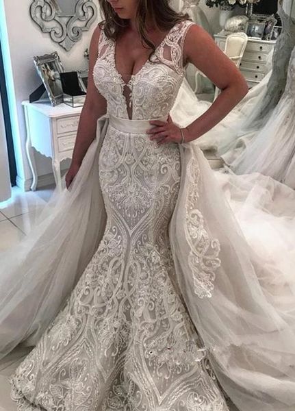 gorgeous sleeveless mermaid wedding dresses with overskirts v neck plus size bridal gowns saudi dubai wedding dress custom, White
gorgeous sleeveless mermaid wedding dresses with overskirts v neck plus size bridal gowns saudi dubai wedding dress custom, White