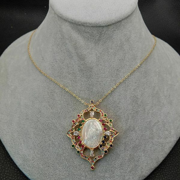 mop shell cameo virgin mary colorful cz micro pave pendant chain necklace 17.5, Silver 
mop shell cameo virgin mary colorful cz micro pave pendant chain necklace 17.5, Silver