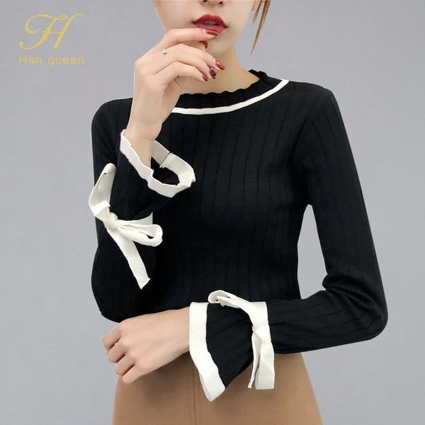 h han queen bow pullovers women sweater long sleeve skinny elastic knitted soft femme solid jumper autumn 2019 pullover women, White;black
h han queen bow pullovers women sweater long sleeve skinny elastic knitted soft femme solid jumper autumn 2019 pullover women, White;black