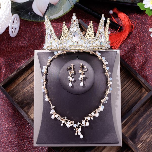 bride's headwear round crown necklace big crown three sets of gold wedding earrings wedding hair accessories, Golden;white