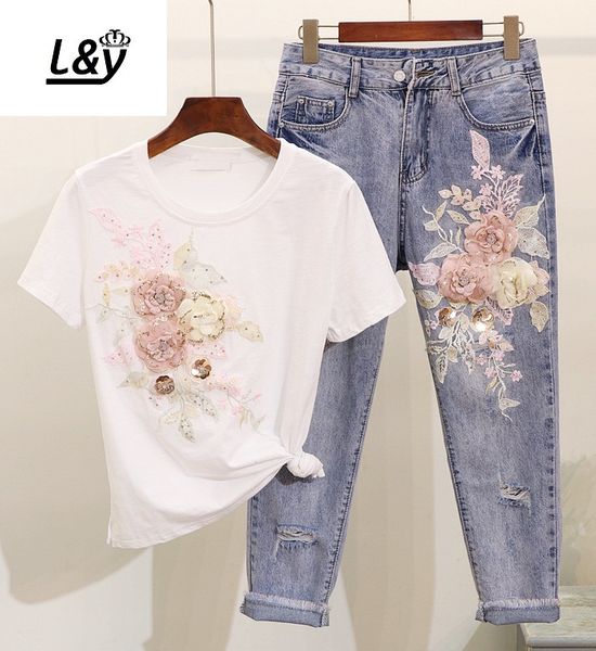l&y heavy embroidery floral applique tshirt + jeans women sets short sleeve fashion denim suits summer 2 piece sets vestidos, White
l&y heavy embroidery floral applique tshirt + jeans women sets short sleeve fashion denim suits summer 2 piece sets vestidos, White