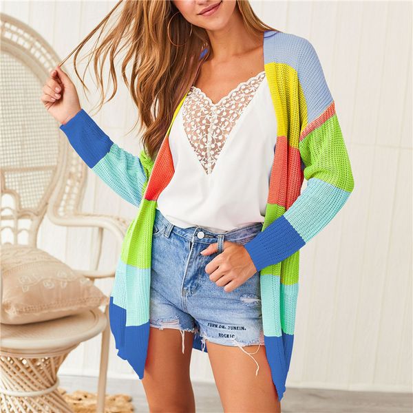 Colorful Striped Womens Cardigan Sweaters Rainbow Long Sleeve V Neck Loose Ladies Knit Coat With Pockets 
Colorful Striped Womens Cardigan Sweaters Rainbow Long Sleeve V Neck Loose Ladies Knit Coat With Pockets