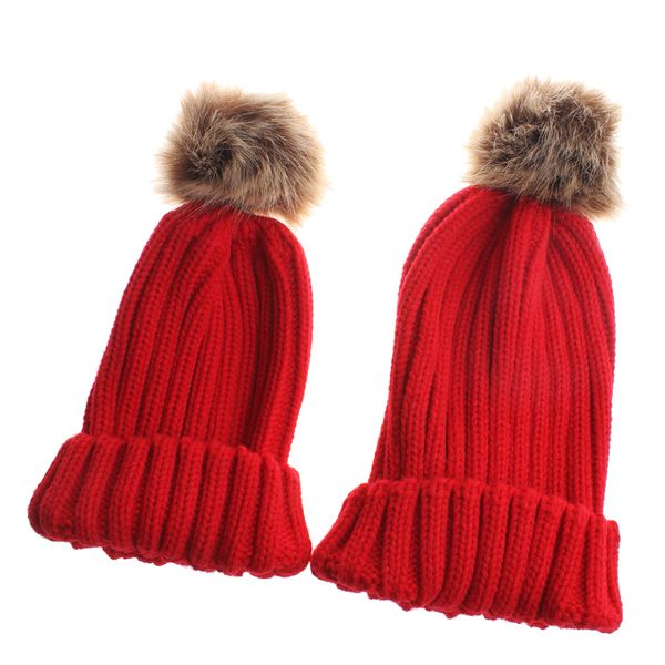 2pcs parent-child caps baby mum pompom cap winter beanie warm knitted hat, Yellow
