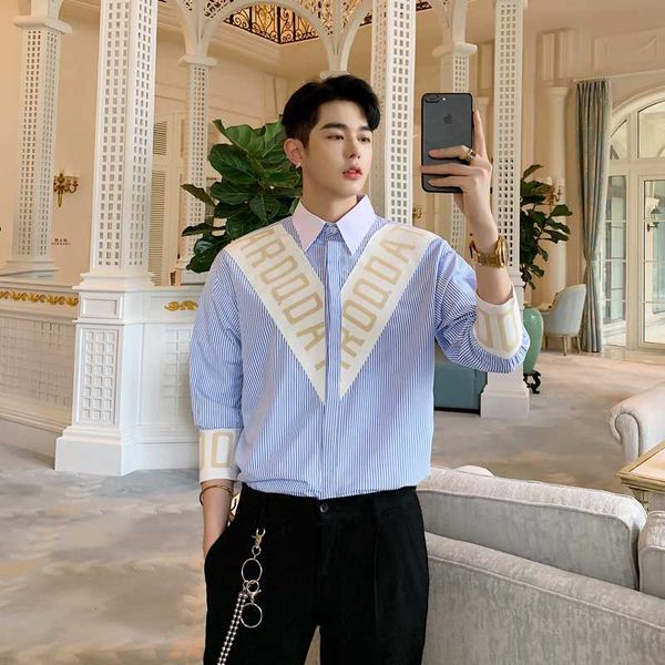 men fashion blue striped casual shirt male high street three quarter sleeve shirts stage clothes, White;black
men fashion blue striped casual shirt male high street three quarter sleeve shirts stage clothes, White;black