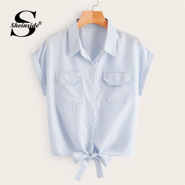 sheinside blue striped knot hem blouse casual roll up sleeve blouse women 2019 summer pockets front shirt cap sleeve basics top, White
sheinside blue striped knot hem blouse casual roll up sleeve blouse women 2019 summer pockets front shirt cap sleeve basics top, White