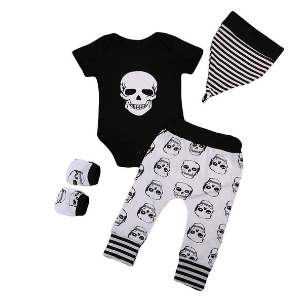 4-piece short-sleeve skull print bodysuit, patterned pants, hat set for baby boy summer clothes
4-piece short-sleeve skull print bodysuit, patterned pants, hat set for baby boy summer clothes