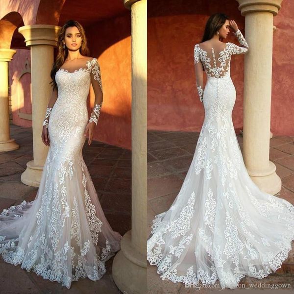 elegant vintage mermaid wedding dresses sheer neck long sleeve appliqued lace bridal gowns illusion wedding dress custom vestidos de soiree, White
elegant vintage mermaid wedding dresses sheer neck long sleeve appliqued lace bridal gowns illusion wedding dress custom vestidos de soiree, White