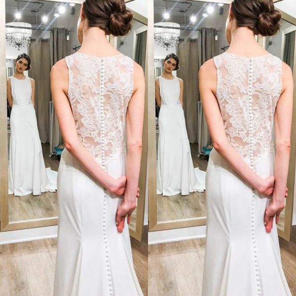 round neck sweep train lace beach wedding dress 2019 simple bohemian summer chiffon mermaid vestido de novia, White
round neck sweep train lace beach wedding dress 2019 simple bohemian summer chiffon mermaid vestido de novia, White