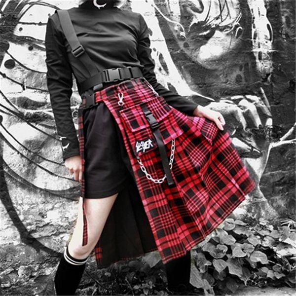women's plaid punk skirt irregular belt waist chain pleated asymmetrical skirt, Black
women's plaid punk skirt irregular belt waist chain pleated asymmetrical skirt, Black