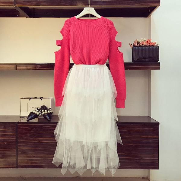 2020 spring o-neck off shoulder long sleeve knitted sweater asymmetrical mesh long skirts women sweet two piece set outfits, White
2020 spring o-neck off shoulder long sleeve knitted sweater asymmetrical mesh long skirts women sweet two piece set outfits, White