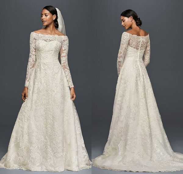 2019 oleg cassini modest wedding dresses applique lace a line sweep train off the shoulder boho wedding dress long sleeves bridal gowns, White
2019 oleg cassini modest wedding dresses applique lace a line sweep train off the shoulder boho wedding dress long sleeves bridal gowns, White