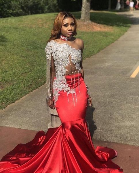 one shoulder long mermaid prom dresses 2020 new applique beading tassel sweep strain illusion formal evening dress gowns, Black
one shoulder long mermaid prom dresses 2020 new applique beading tassel sweep strain illusion formal evening dress gowns, Black