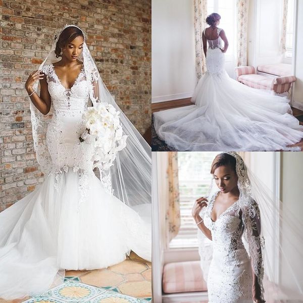 african mermaid wedding dresses with beads appliqued lace wedding dress deep v neck capped sleeve custom made back bridal gowns, White
african mermaid wedding dresses with beads appliqued lace wedding dress deep v neck capped sleeve custom made back bridal gowns, White
