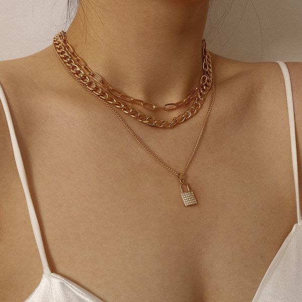 fashion luxury multi layer chain sparkling diamond lock pendant vintage choker statement designer necklace for women girls, Silver
fashion luxury multi layer chain sparkling diamond lock pendant vintage choker statement designer necklace for women girls, Silver