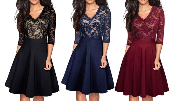 women's chic v-neck lace patchwork 3/4 sleeve flare party dress a line dress plus size s-2xl many colors, White;black
women's chic v-neck lace patchwork 3/4 sleeve flare party dress a line dress plus size s-2xl many colors, White;black