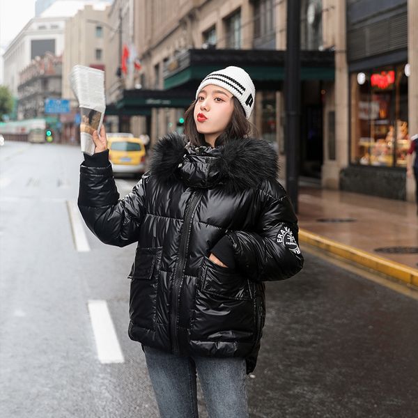 autumn winter women's short glossy down cotton hooded parkas with big fur collar casual pearlescent leather thick winter jacket, Black
autumn winter women's short glossy down cotton hooded parkas with big fur collar casual pearlescent leather thick winter jacket, Black