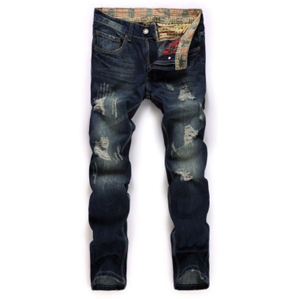 new fashion trend men's jeans worn hole straight trousers son of european and american nostalgia washed denim men's trousers, Blue
new fashion trend men's jeans worn hole straight trousers son of european and american nostalgia washed denim men's trousers, Blue
