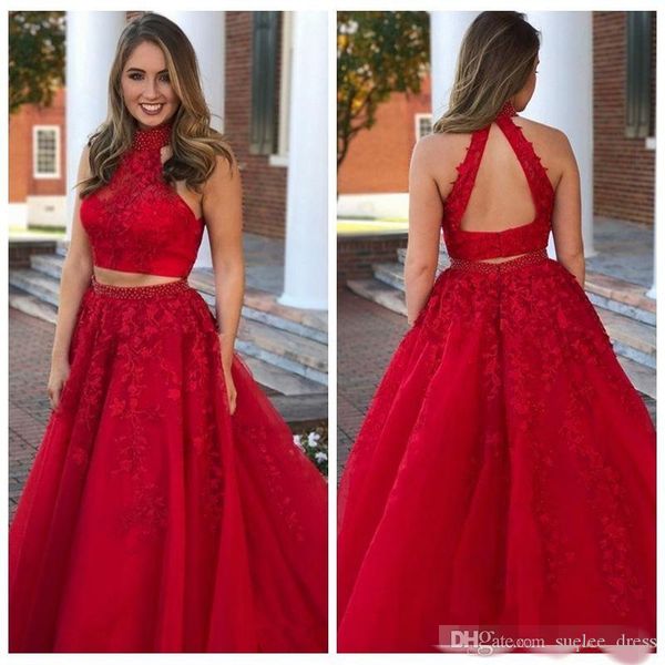two piece a line prom dresses halter jewel neck pleats backless lace applique floor length formal dress evening gowns vestidos de noiva, Black
two piece a line prom dresses halter jewel neck pleats backless lace applique floor length formal dress evening gowns vestidos de noiva, Black