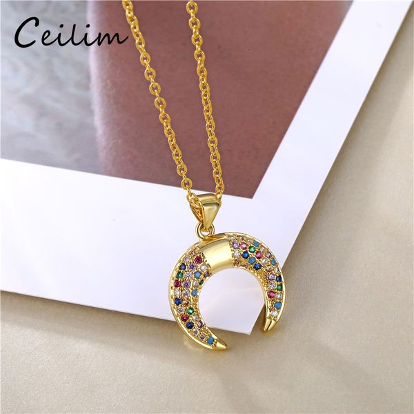 crescent moon rainbow cz pendant necklace - gold chain design jewelry gift for women, Silver
crescent moon rainbow cz pendant necklace - gold chain design jewelry gift for women, Silver