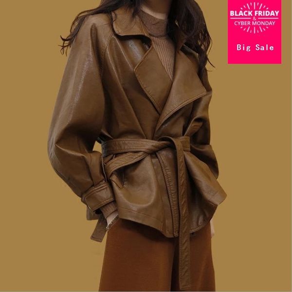 2018 autumn fashion vintage women pu leather jacket lace up slim was thin moto coat female turn-down collar outwear l1132, Black
2018 autumn fashion vintage women pu leather jacket lace up slim was thin moto coat female turn-down collar outwear l1132, Black