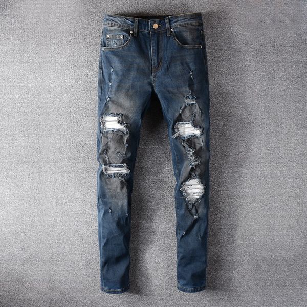 new mens designer jeans navy blue slim fashion brand knee hole embroidery denim pants ripped distressed slim pencil pants motorcycle pants
new mens designer jeans navy blue slim fashion brand knee hole embroidery denim pants ripped distressed slim pencil pants motorcycle pants